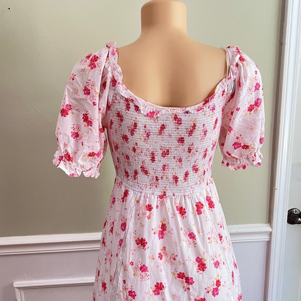 LoveShackFancy Dress Small Smocked Midi Puff Sleeve Pink Cottage Shabby Chic - Picture 11 of 14